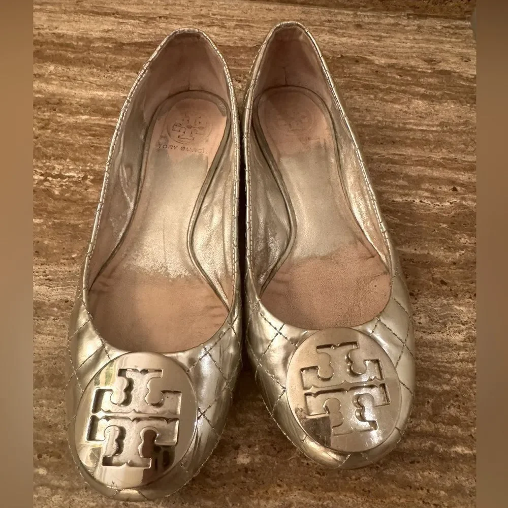 Tory Burch Quilted Silver Quinn ballet flats